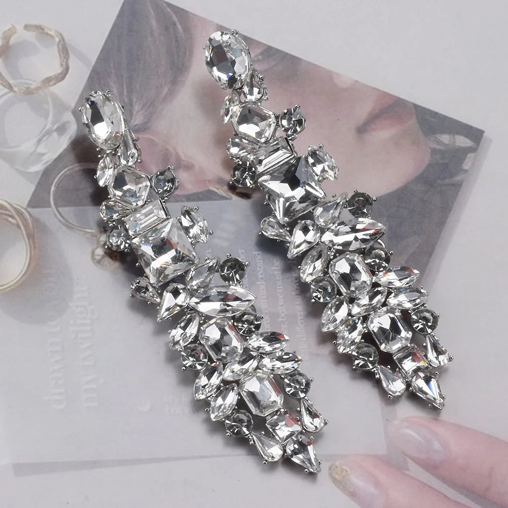 2026 New Fashion Crystal Rhinestones Long Earrings Women Indian Statement Large Baroque Earring Jewelry Rose Green Blue Clear