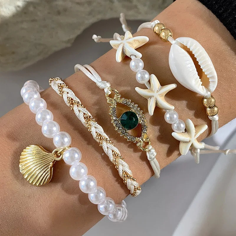 Bohemia Starfish Shell Bracelet Set for Women Men Summer Beach Fashion Evil Eye Multilayer Bracelet Jewelry Vacation Accessories