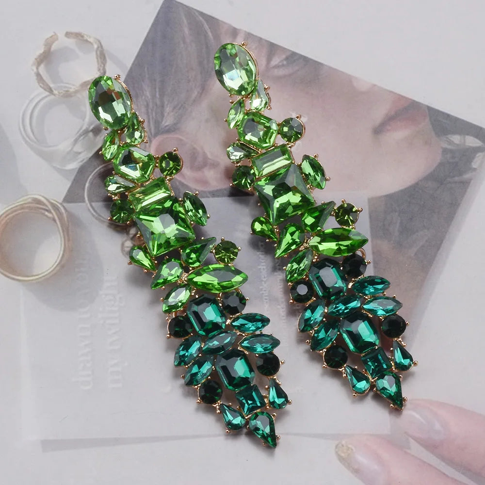 2026 New Fashion Crystal Rhinestones Long Earrings Women Indian Statement Large Baroque Earring Jewelry Rose Green Blue Clear