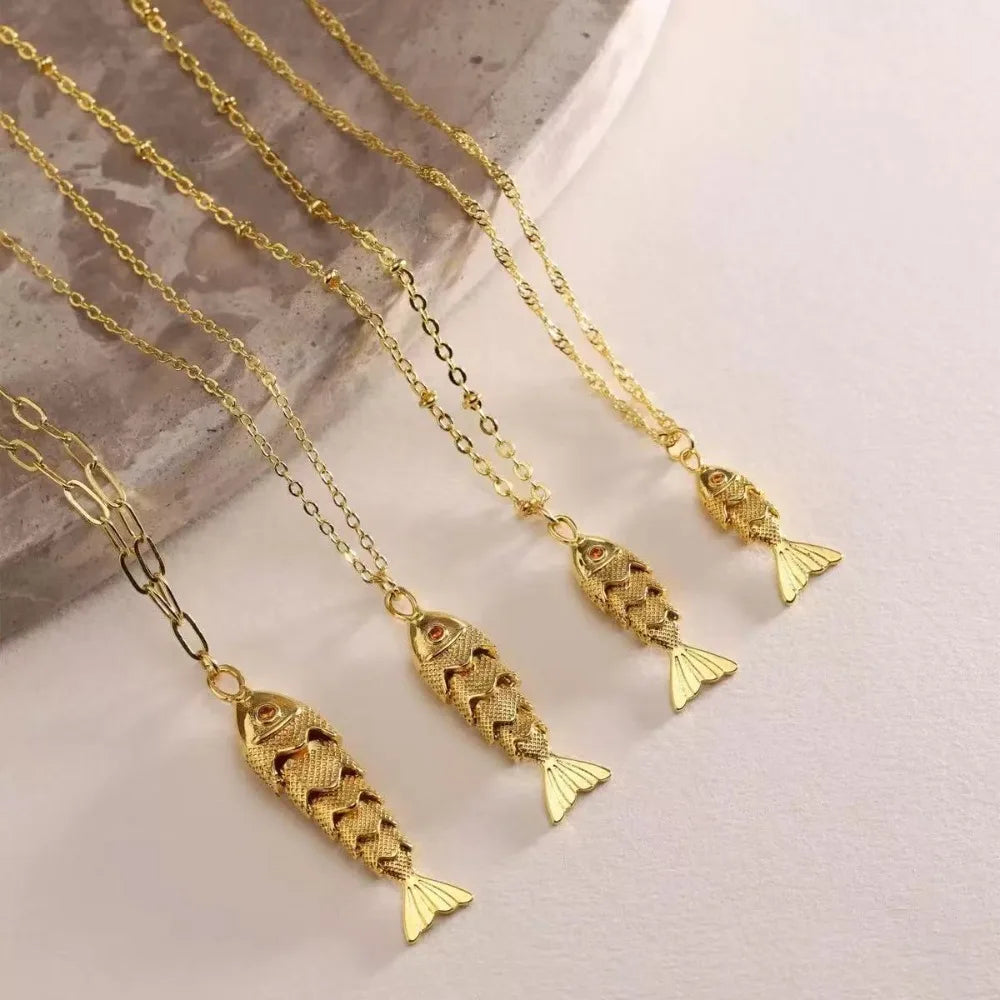 Exquisite Retro Fish Scale Texture Gold Color Stainless Steel Koi Carp Little Fish Pendant Necklace for Women Cute Jewelry Gifts