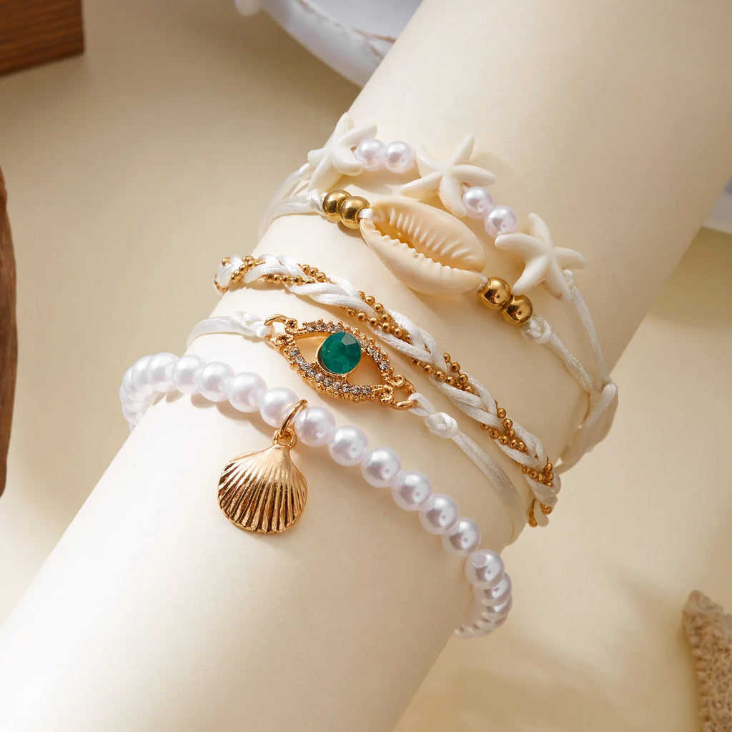 Bohemia Starfish Shell Bracelet Set for Women Men Summer Beach Fashion Evil Eye Multilayer Bracelet Jewelry Vacation Accessories