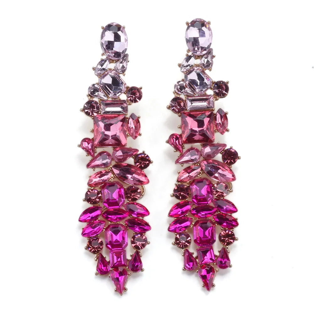 2026 New Fashion Crystal Rhinestones Long Earrings Women Indian Statement Large Baroque Earring Jewelry Rose Green Blue Clear