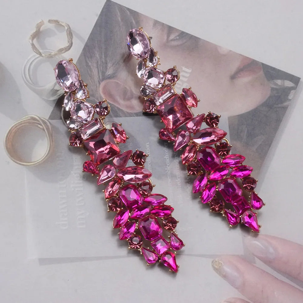 2026 New Fashion Crystal Rhinestones Long Earrings Women Indian Statement Large Baroque Earring Jewelry Rose Green Blue Clear