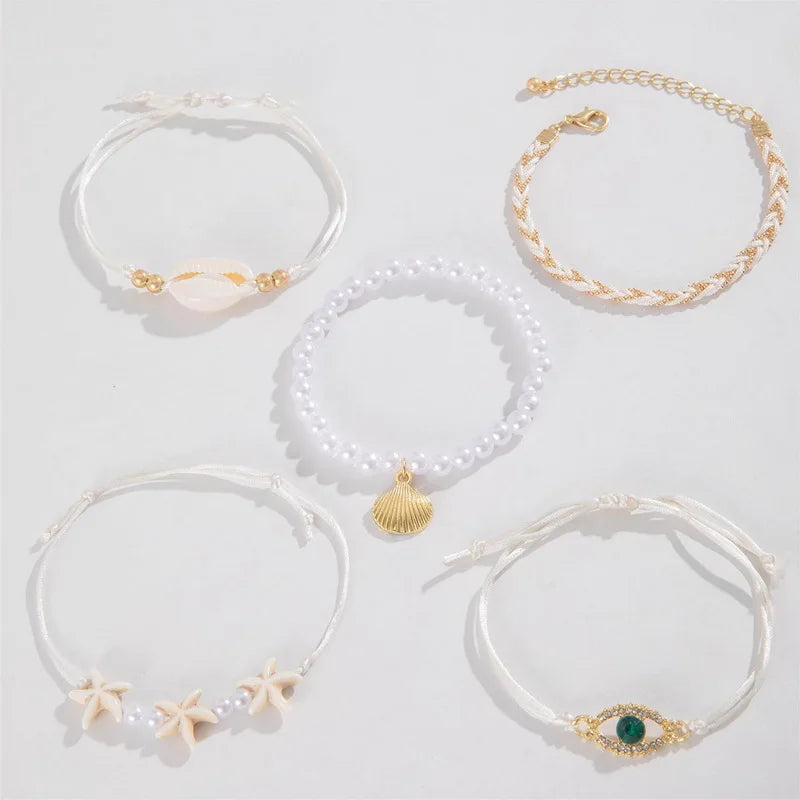 Bohemia Starfish Shell Bracelet Set for Women Men Summer Beach Fashion Evil Eye Multilayer Bracelet Jewelry Vacation Accessories