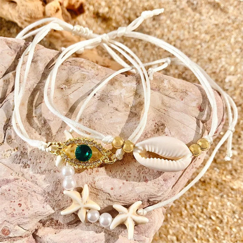 Bohemia Starfish Shell Bracelet Set for Women Men Summer Beach Fashion Evil Eye Multilayer Bracelet Jewelry Vacation Accessories