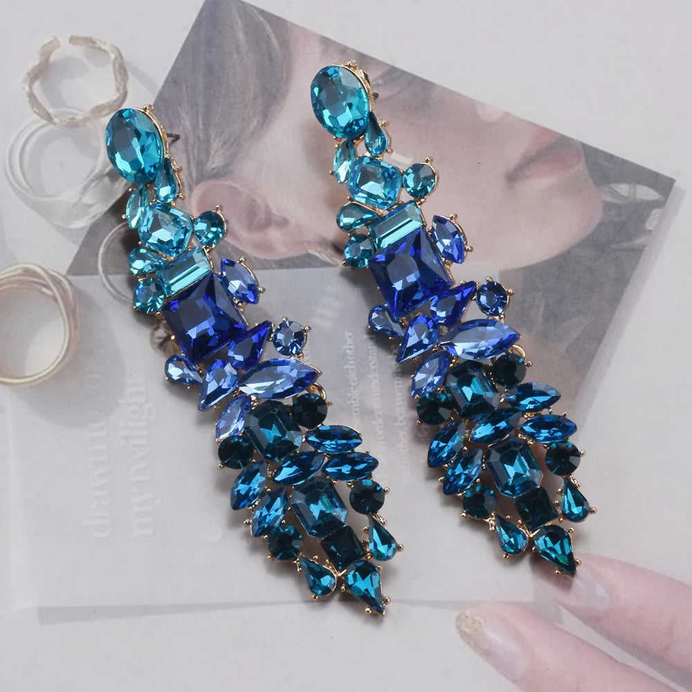 2026 New Fashion Crystal Rhinestones Long Earrings Women Indian Statement Large Baroque Earring Jewelry Rose Green Blue Clear