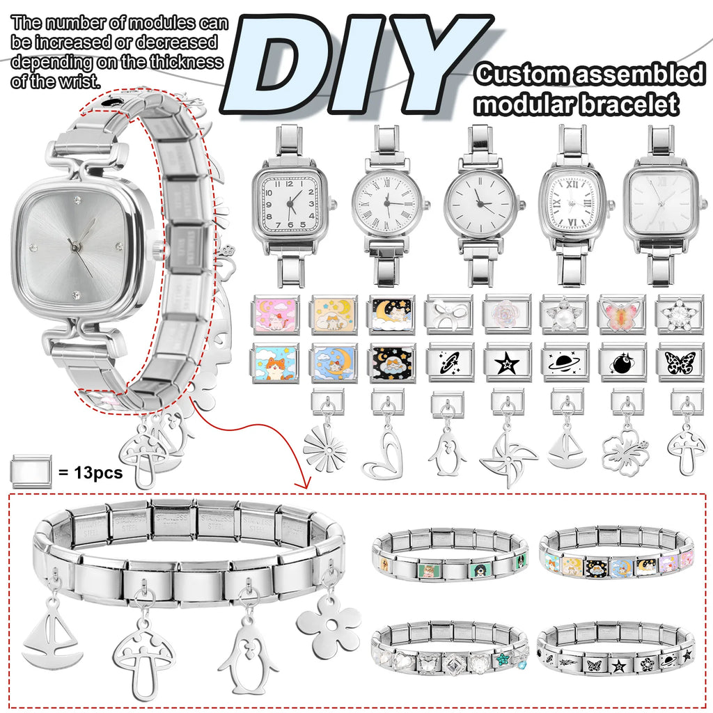 1PC High Quality Men Women's Stainless Steel Square Simple Watch 9MM Width Italian Charm Bracelet Bangle For DIY Jewelry Gifts