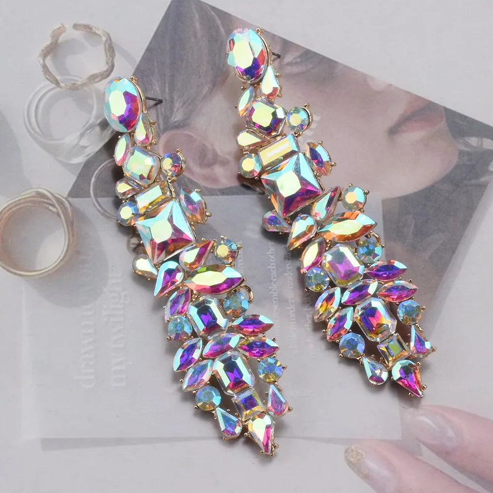 2026 New Fashion Crystal Rhinestones Long Earrings Women Indian Statement Large Baroque Earring Jewelry Rose Green Blue Clear